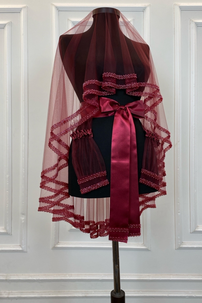 Bordo Gelin Duvak Seti, Çift Sıra Cam Boncuk ve İnci İşlemeli, Kına Duvağı Seti 6 Parça