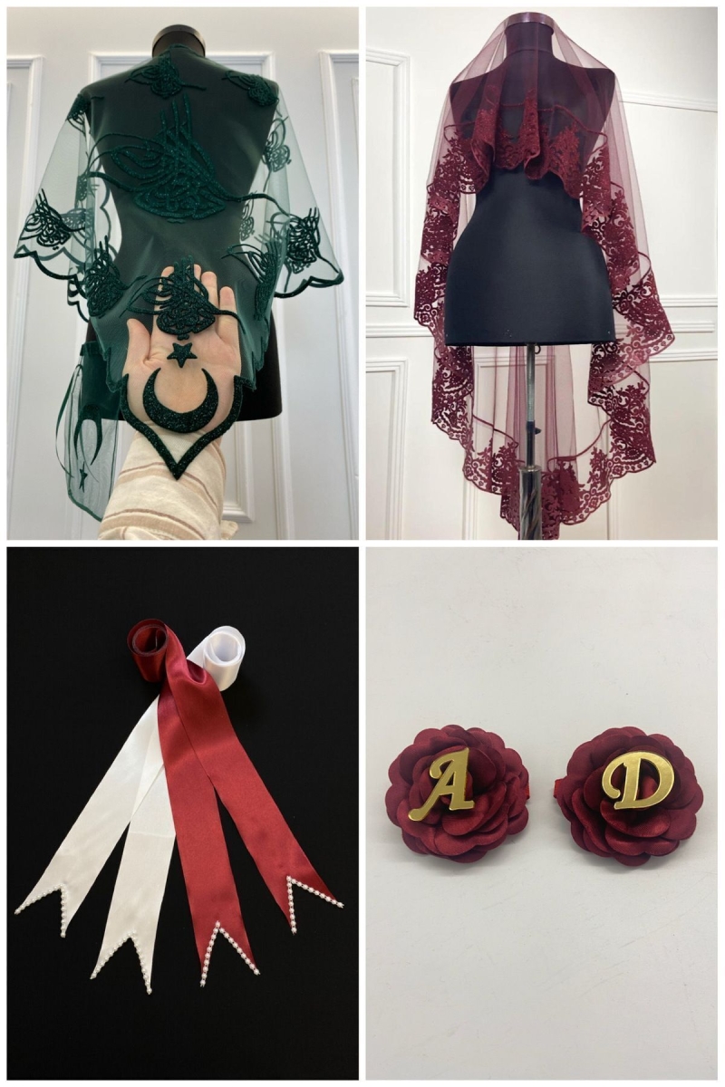 Bordo Gelin Duvak Seti, Damat Omuz Örtüsü, Takı Kurdele, El Gülü, Kına Duvağı Şalı, 10 Parça