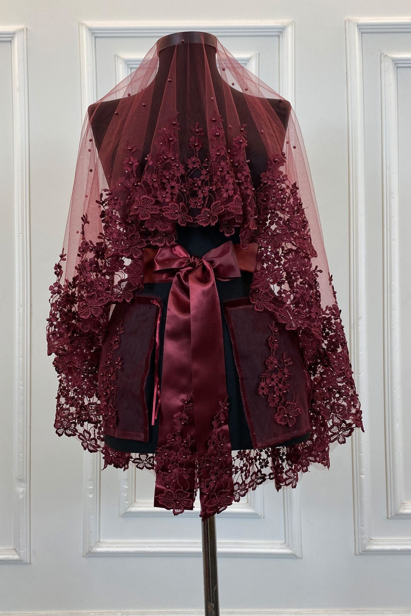 Bordo Gelin Duvak Seti, Güpürlü Ve Inci Süslemeli Kına Gecesi Duvağı Alı Örtüsü 6 Parça