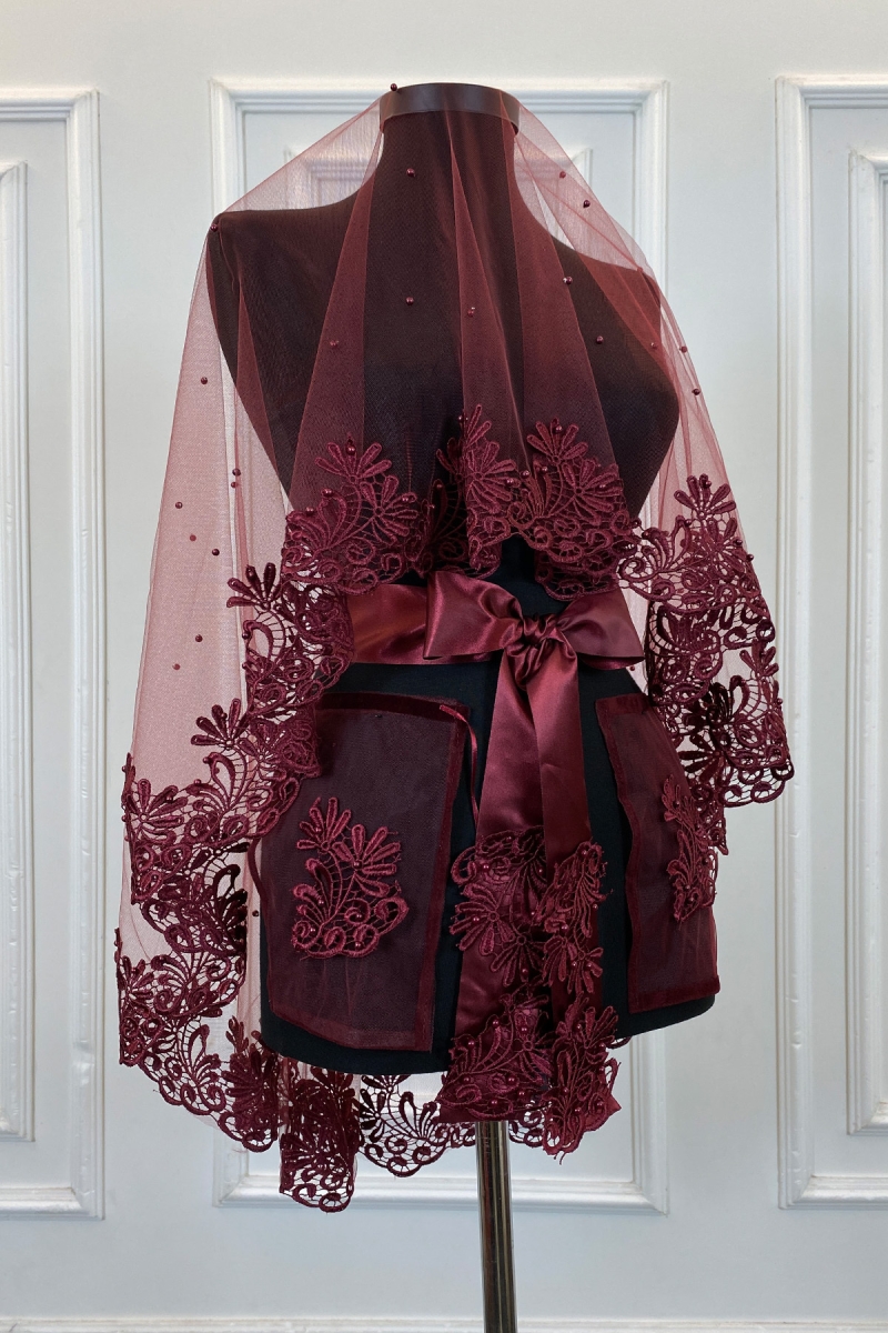 Bordo Gelin Duvak Seti, Güpürlü Ve Inci Süslemeli Kına Gecesi Duvağı Alı Örtüsü 6 Parça