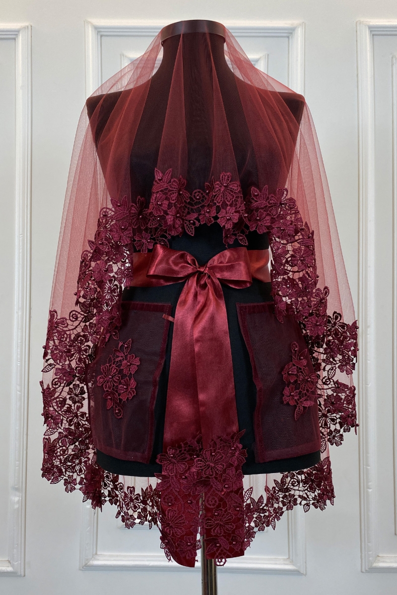 Bordo Gelin Duvak Seti, Güpürlü Ve İnci Süslemeli Kına Gecesi Duvağı Alı Örtüsü 6 Parça