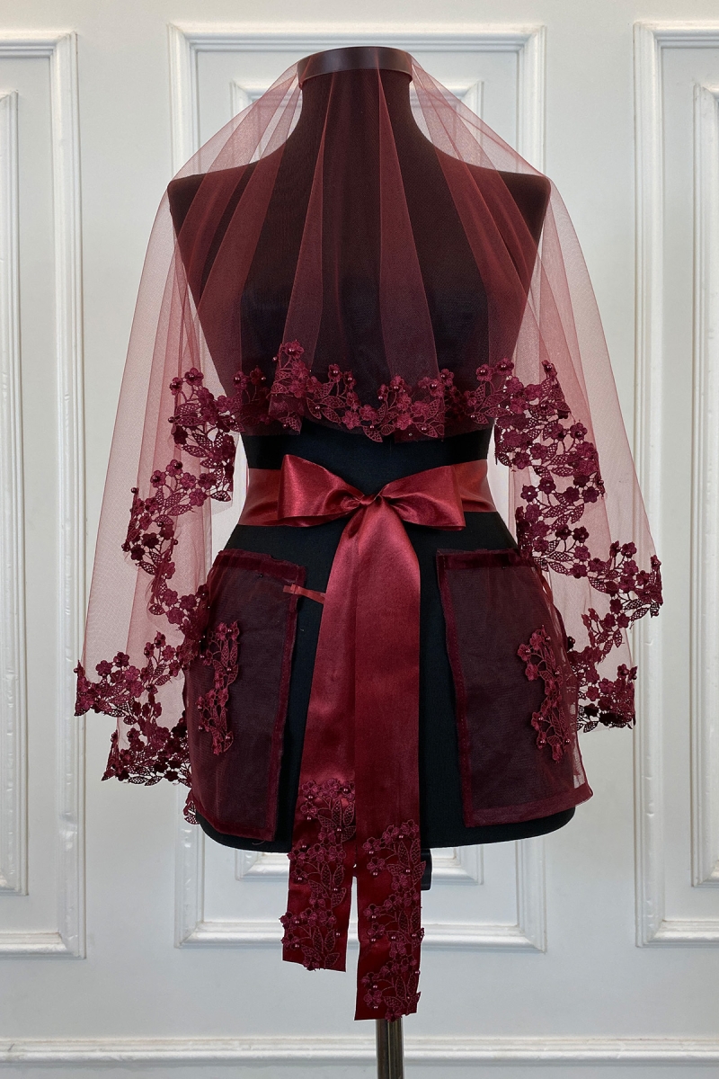 Bordo Gelin Duvak Seti, Güpürlü Ve İnci Süslemeli Kına Gecesi Duvağı Alı Örtüsü 6 Parça