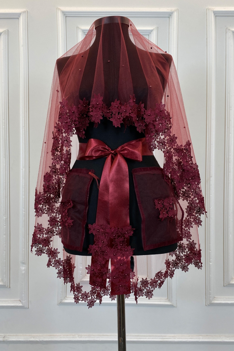 Bordo Gelin Duvak Seti, Güpürlü Ve İnci Süslemeli Kına Gecesi Duvağı Alı Örtüsü 6 Parça