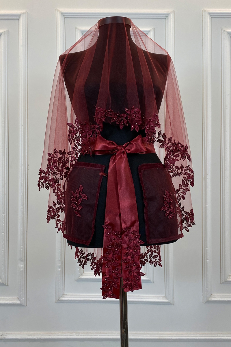 Bordo Gelin Duvak Seti, Güpürlü Ve İnci Süslemeli Kına Gecesi Duvağı Alı Örtüsü 6 Parça