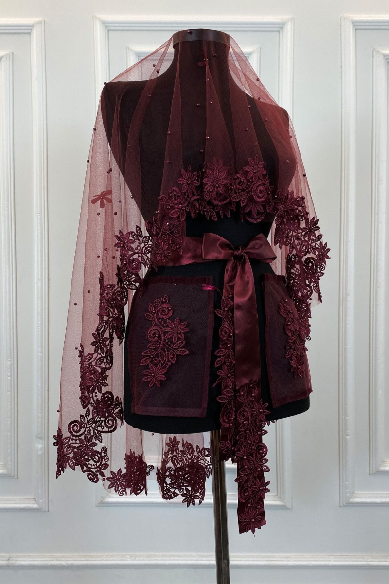 Bordo Gelin Duvak Seti, Güpürlü Ve İnci Süslemeli Kına Gecesi Duvağı Alı Örtüsü 6 Parça