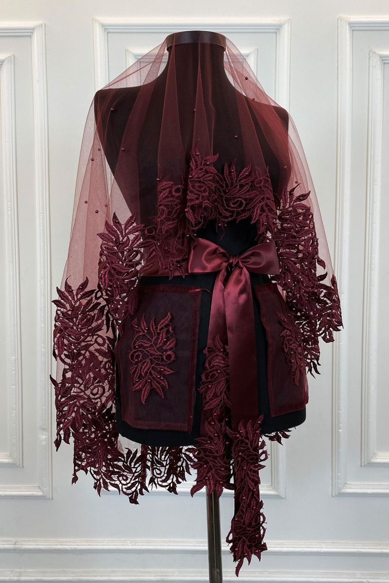 Bordo Gelin Duvak Seti, Güpürlü Ve İnci Süslemeli Kına Gecesi Duvağı Alı Örtüsü 6 Parça