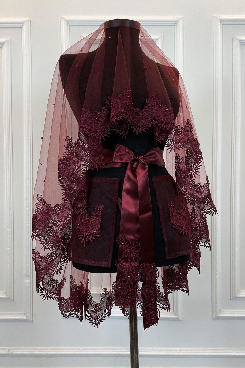 Bordo Gelin Duvak Seti Güpürlü Ve İnci Süslemeli Kına Gecesi Duvağı Alı Örtüsü 6 Parça