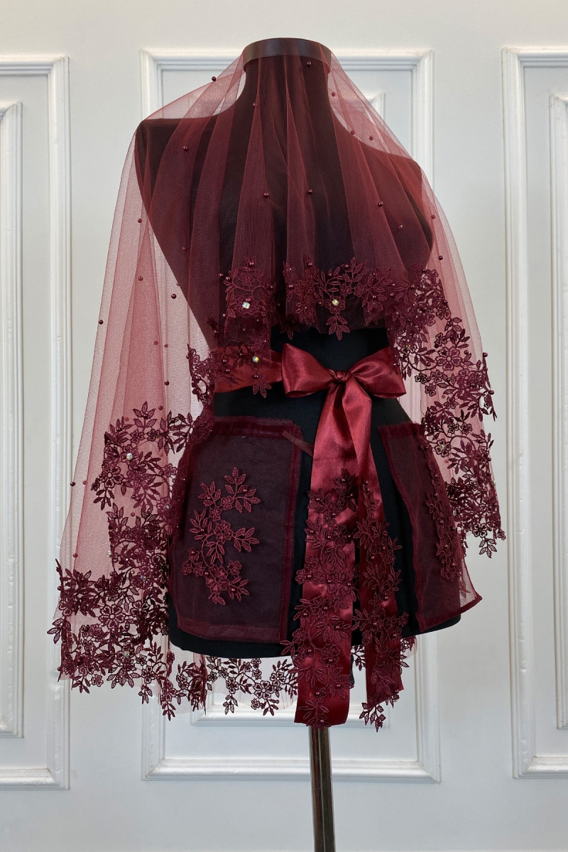 Bordo Gelin Duvak Seti, İnci Ve Parlak Taş Süslemeli Kına Gecesi Duvağı Alı Örtüsü 6 Parça