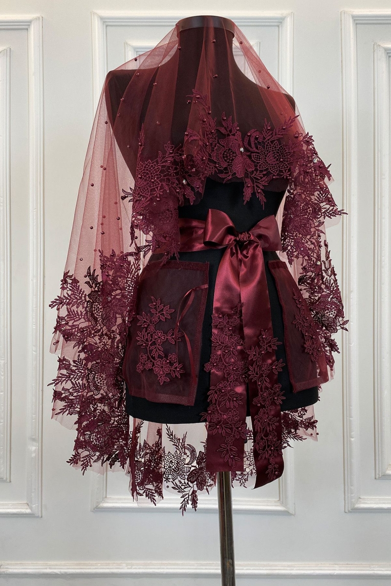 Bordo Gelin Duvak Seti, İnci Ve Parlak Taş Süslemeli Kına Gecesi Duvağı Alı Örtüsü 6 Parça