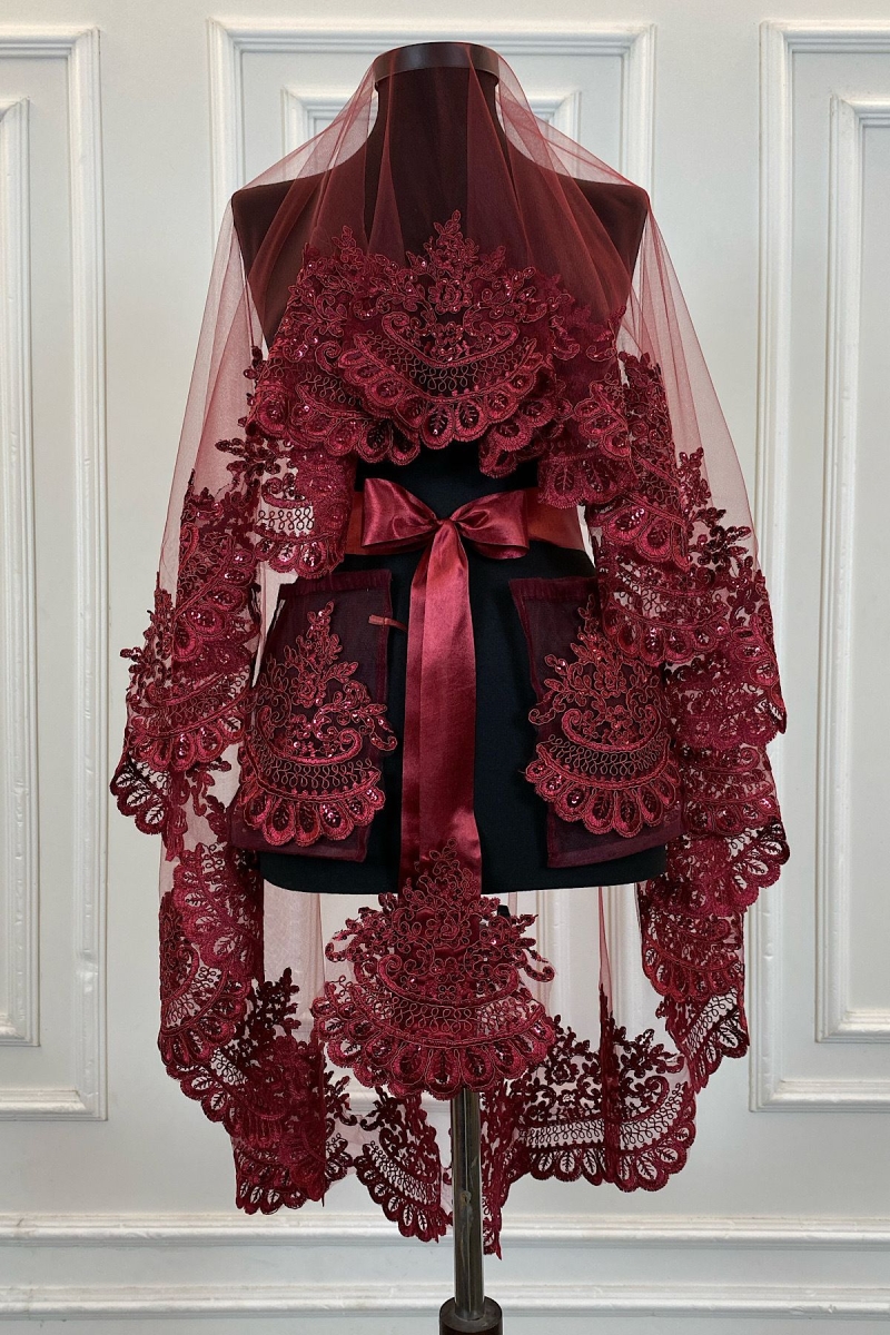 Bordo Gelin Duvak Seti, Işıl Işıl Güpürlü, Pul İşlemeli Kına Gecesi Duvağı Alı Örtüsü 6 Parça