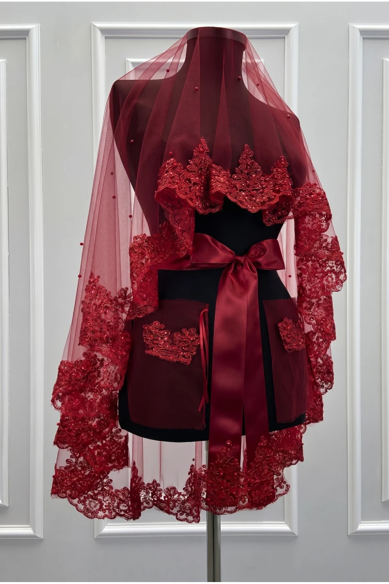 Bordo Gelin Duvak Seti, Işıl Işıl Güpürlü Ve İnci Süslemeli Kına Gecesi Duvağı Alı Örtüsü 6 Parça