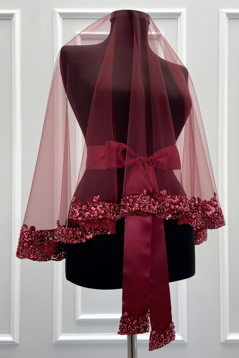 Bordo Gelin Duvak Seti, Işıl Işıl Kristal Cam Boncuk, İnci ve Pul İşlemeli Kına Duvağı 6 Parça