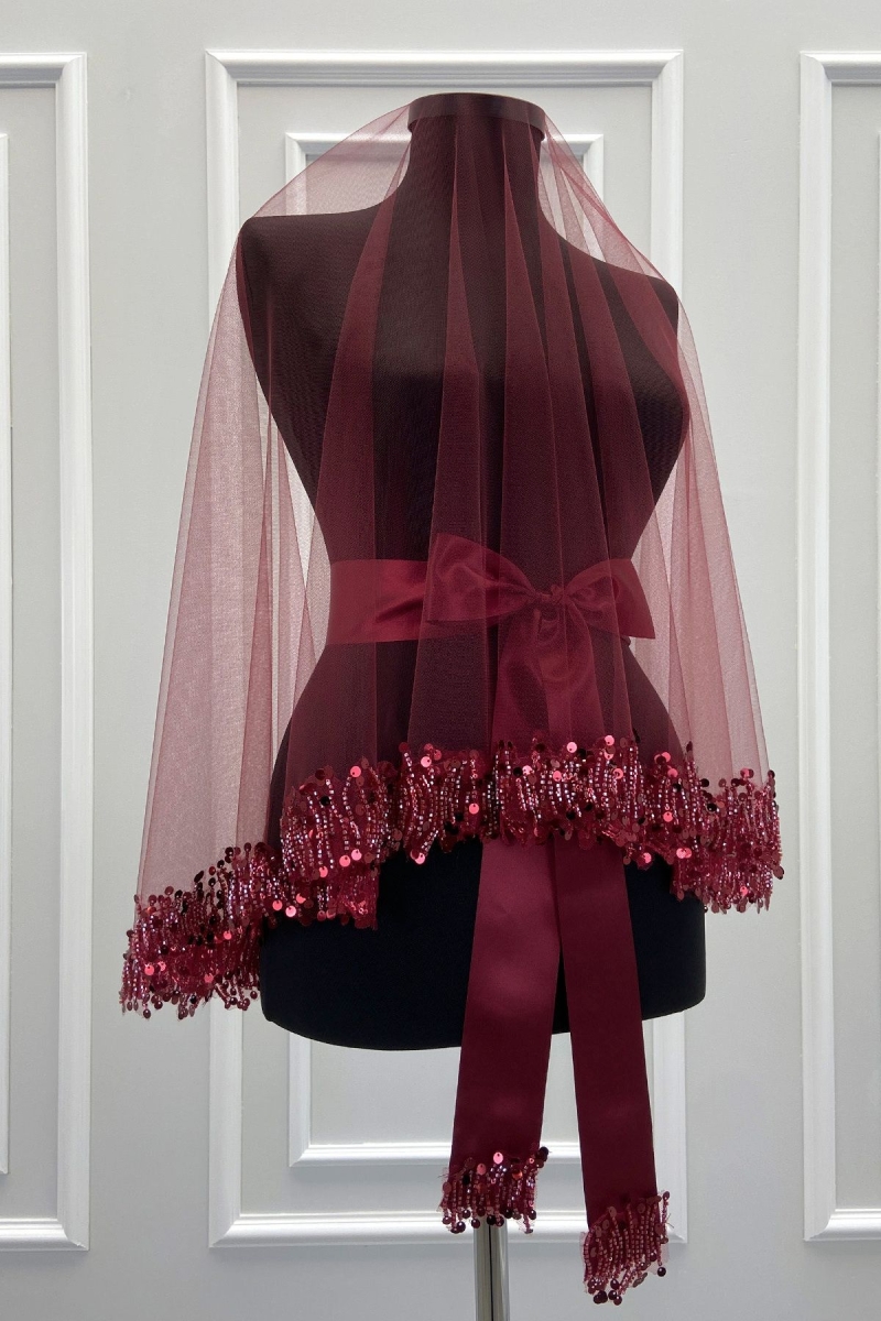 Bordo Gelin Duvak Seti, Işıl Işıl Kristal Cam Boncuk Ve Pul İşlemeli Kına Duvağı 6 Parça