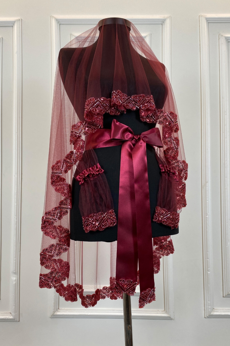 Bordo Gelin Duvak Seti, Kalp Motifli Cam Boncuk Ve Pul Işlemeli, Kına Duvağı Alı Örtüsü 6parça