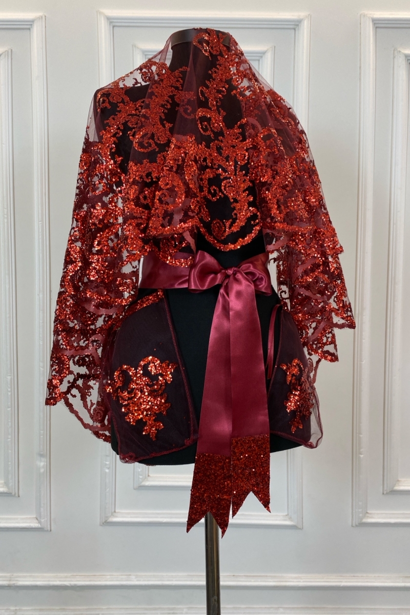 Bordo Gelin Duvak Seti, Pul Sim Baskılı Işıl Işıl Kına Duvağı Seti 4 Parça