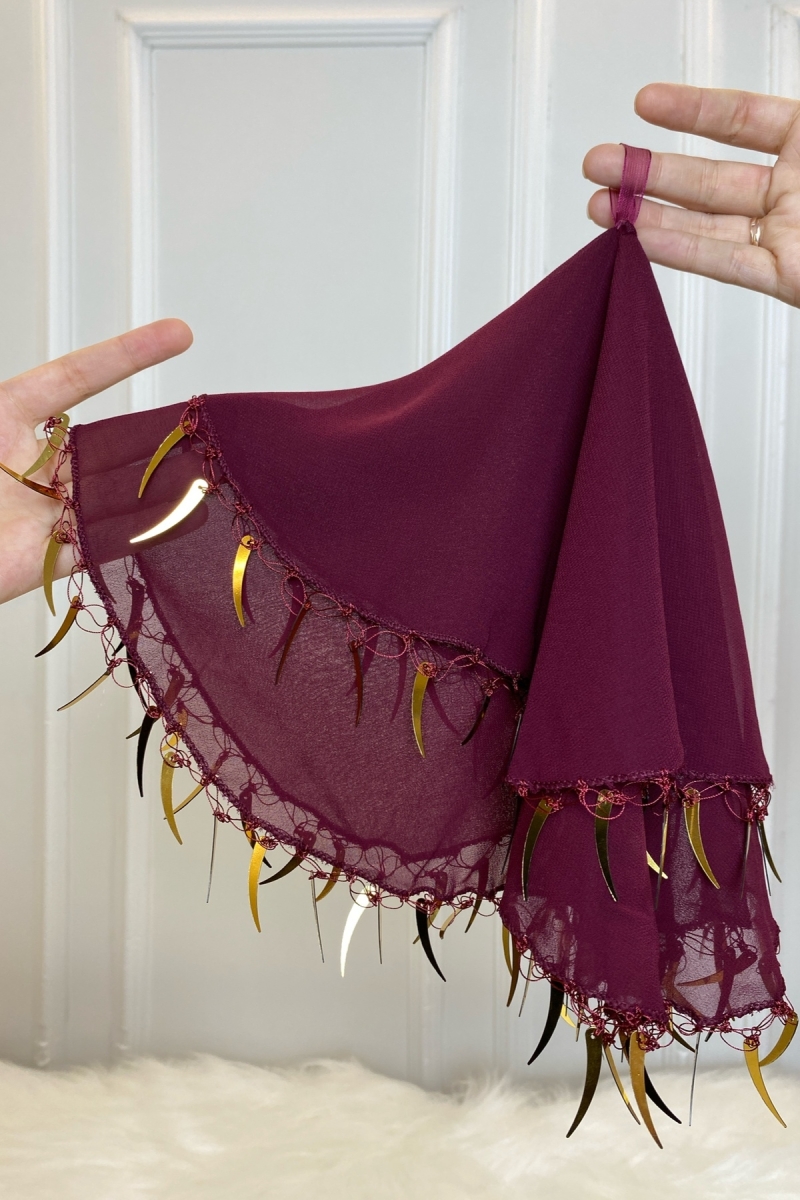 Bordo Gelin Halay Mendili, Çift Katlı Şifon Kumaş Kılıç Pullu Mendil 50cm