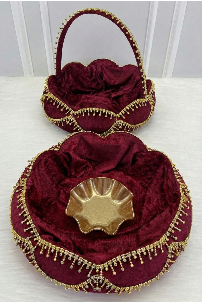 Bordo Gelin Kına Gecesi Tepsi Sepet Takımı, Kadife Parlak Taş Süslemeli, Nişan, Nikah, Düğün, Söz