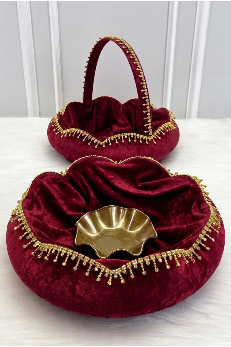 Bordo Gelin Kına Gecesi Tepsi Sepet Takımı, Kadife Parlak Taş Süslemeli, Nişan, Nikah, Düğün, Söz