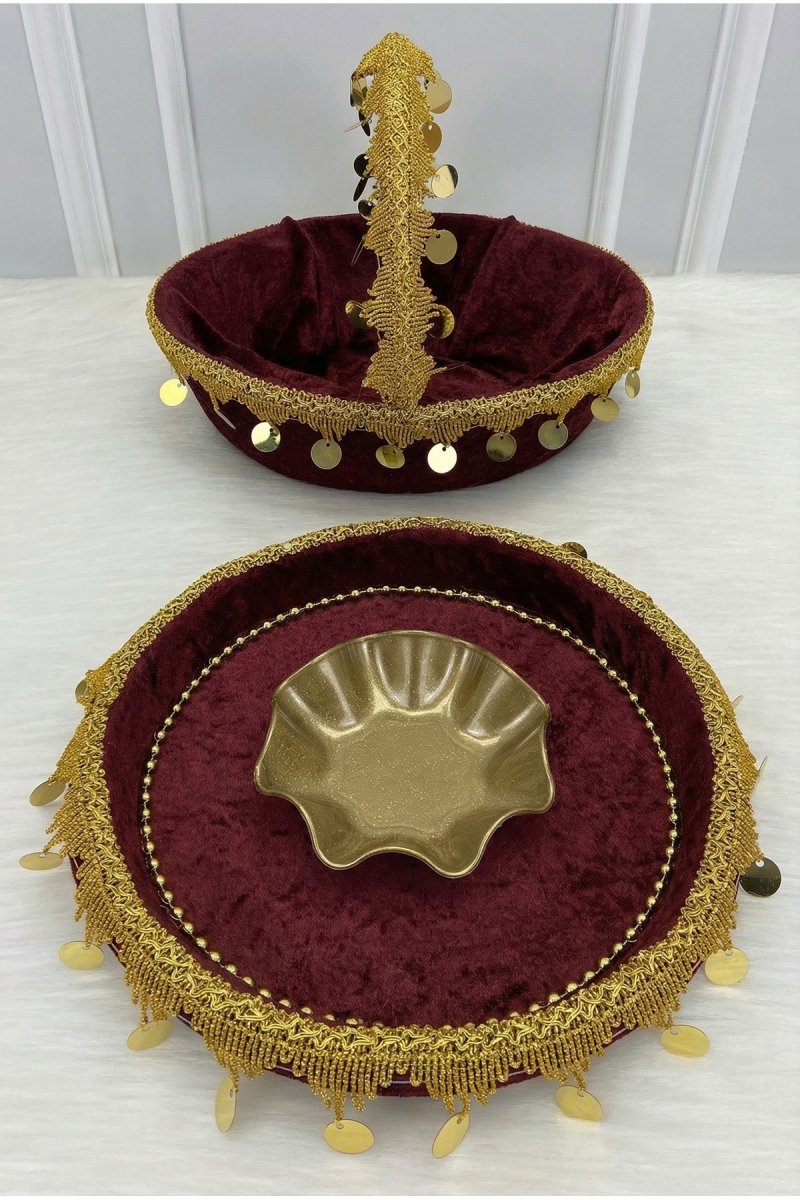 Bordo Gelin Kına Gecesi Tepsi Ve Sepeti, Gold Pullu Ve Güpürlü Kadife, Düğün, Sünnet, Nişan, Söz
