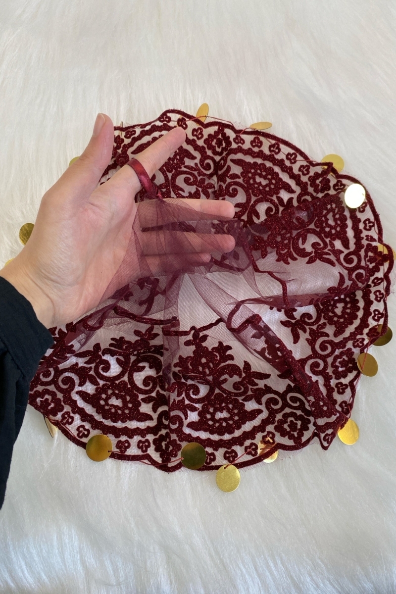 Bordo Gelin Mendili, Düğün Halay Mendili, Simli Flok Baskılı Gold Pullu Baskılı Kına Mendili 5 Adet