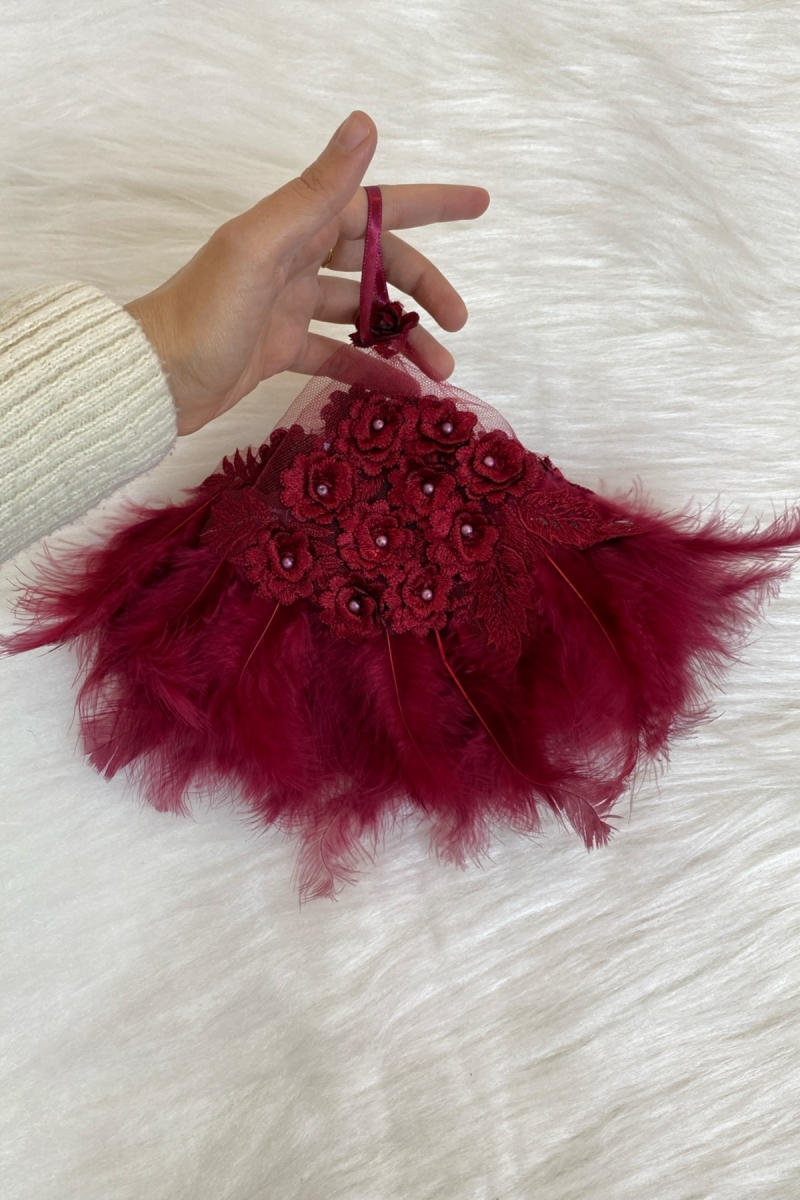 Bordo Gelin Mendili, Halay Mendili, Kat Kat Çiçekli Güpür Inci Tüy Süslemeli