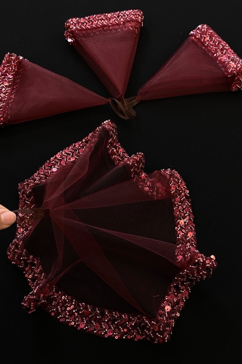 Bordo Gelin Mendili, Halay Mendili, Pullu Boncuklu Pul Payet Zarif Su Taşlı Model