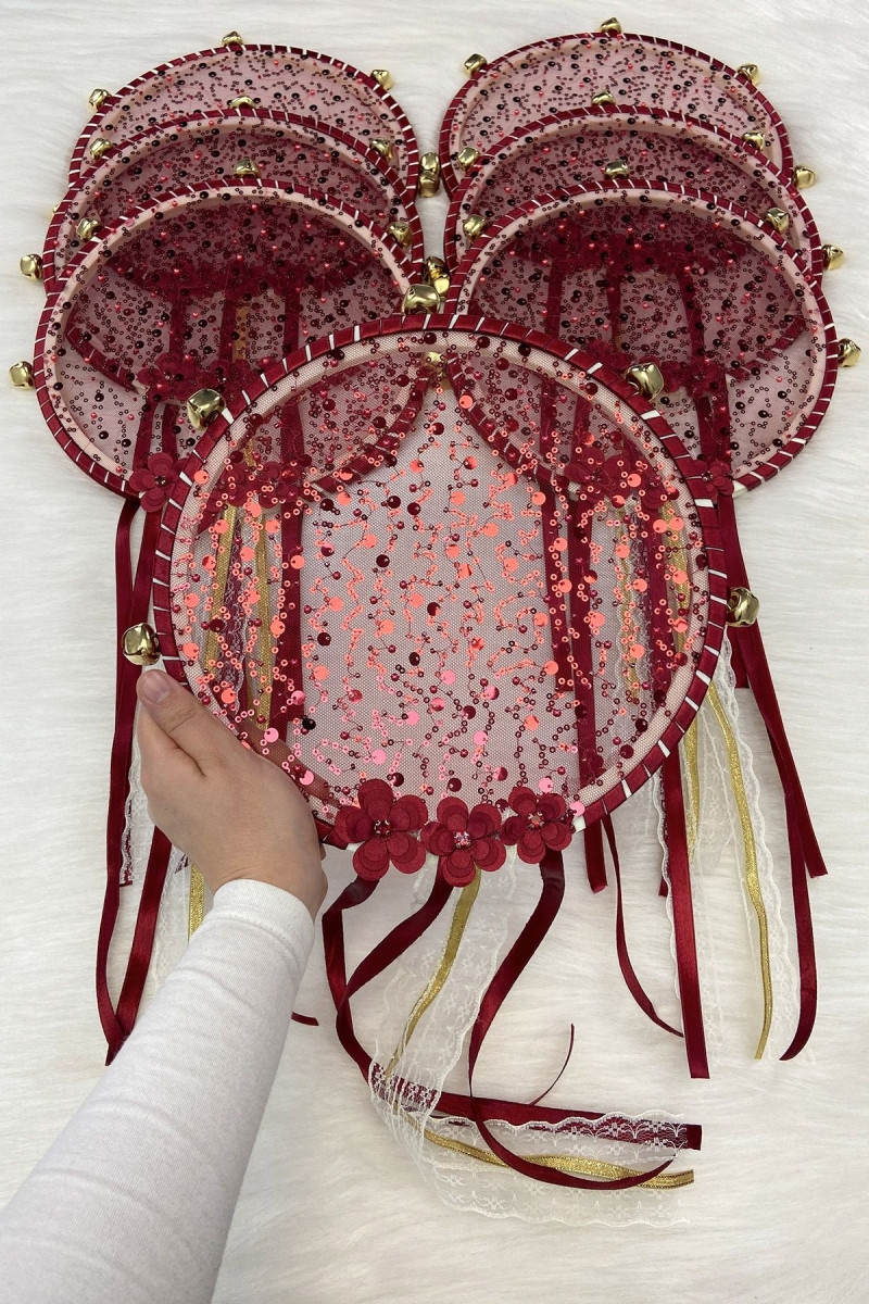 Bordo Gelin Nedime Tefi, Çiçek Pul Payet Ve Parlak Taşlı, Düğün Kına Bride Sünnet Parti Defi 1 Adet