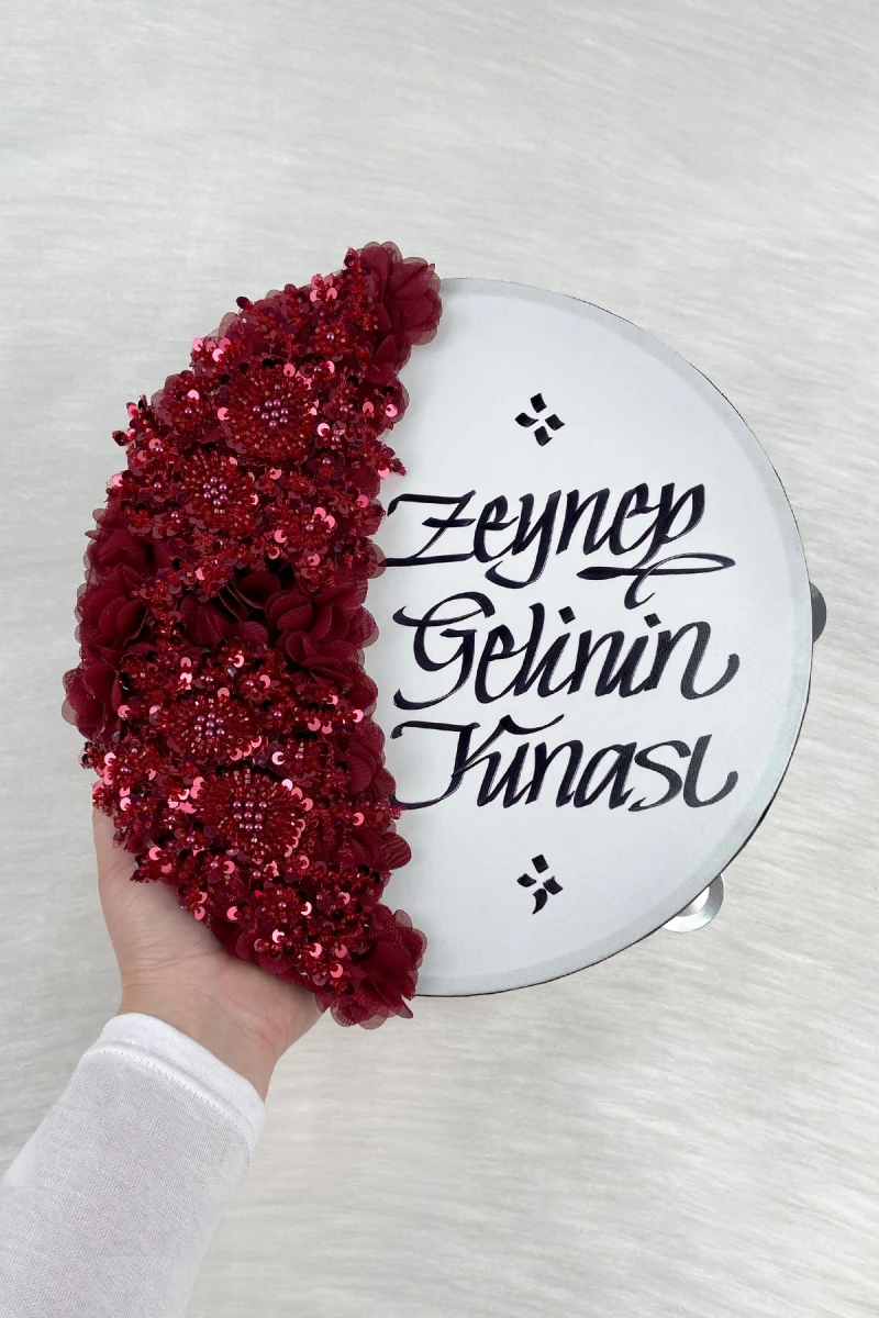 Bordo Gelin Tefi 30 Cm, Kaligrafi Ve Vip Aplik Süslemeli, Düğün Sünnet Kına Nedime Nikah Nişan Söz Bride Parti Bekarlığa Veda Partisi Gelin Damat