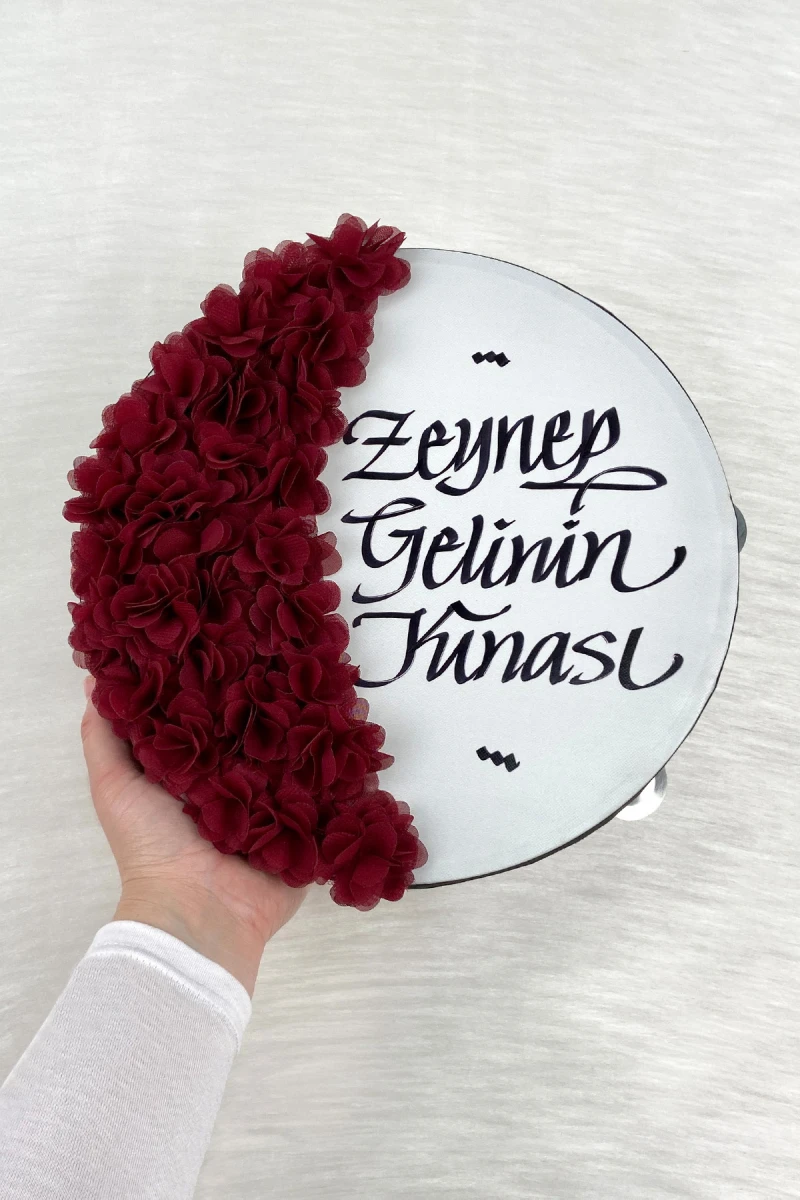 Bordo Gelin Tefi 30 Cm, Kaligrafi Ve Lazer Çiçek Süslemeli, Düğün Sünnet Kına Nedime Nikah Nişan Söz Bride Parti Bekarlığa Veda Partisi Gelin Damat