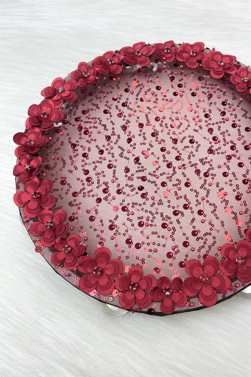 Bordo Gelin Tefi 32cm Çiçek Pul Payet Parlak Taşlı Düğün Kına Nedime Bride Parti Defi