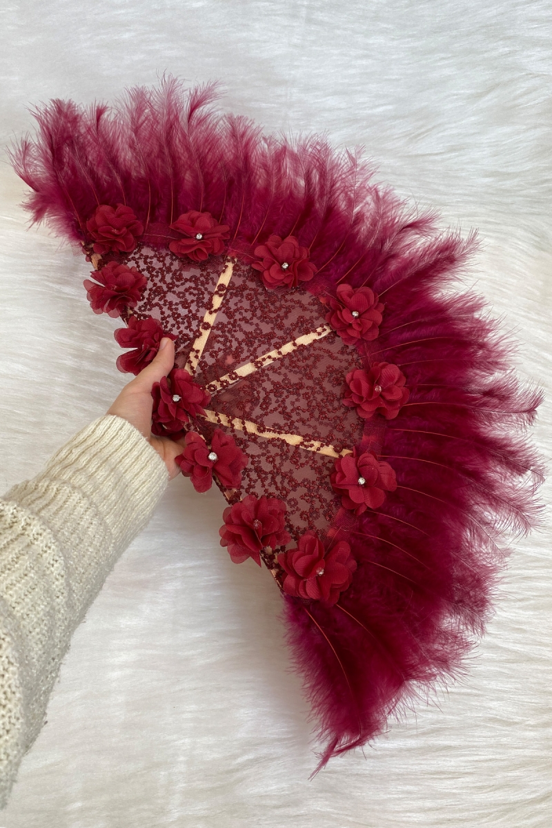 Bordo Gelin Yelpazesi, Ahşap Tüylü Dantel Ve 3D Çiçek Süslemeli Kına Yelpazesi, Büyük Boy Yelpaze