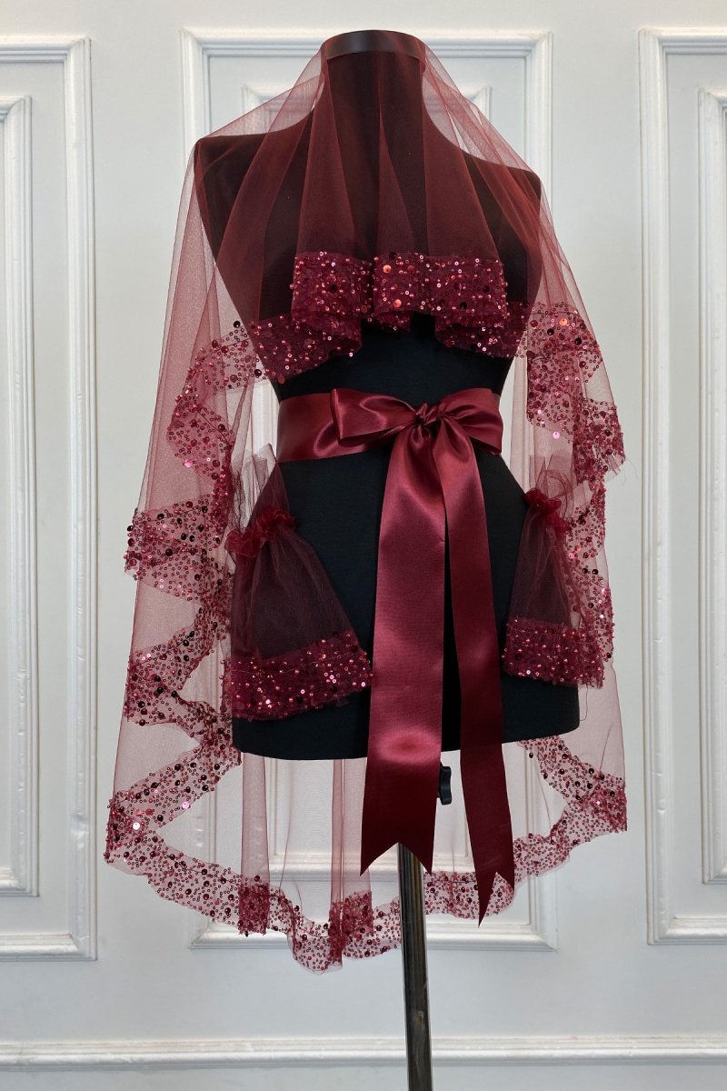 Bordo Geniş Pullu Ve İncili Gelin Duvak Seti Kına Gecesi Örtüsü 6 Parça