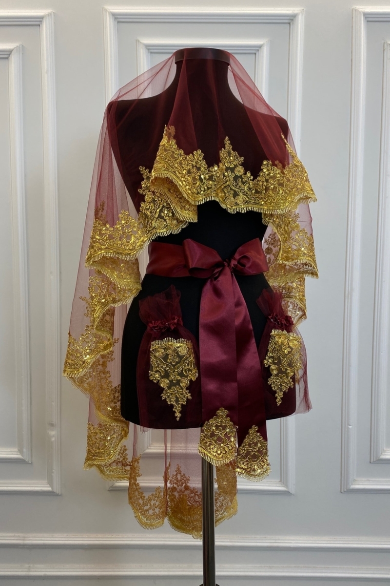 Bordo Gold Işıl Işıl Güpürlü Gelin Kına Duvağı Seti Düğün Kına Gecesi Yüz Örtüsü Alı