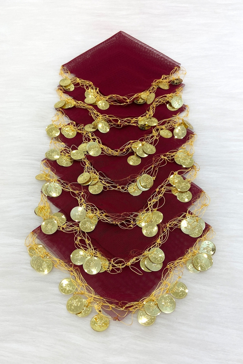 Bordo Gold Pullu Tül Halay Mendili 5 Adet, Gelin Damat Düğün Kına Sünnet Söz Nişan Bride