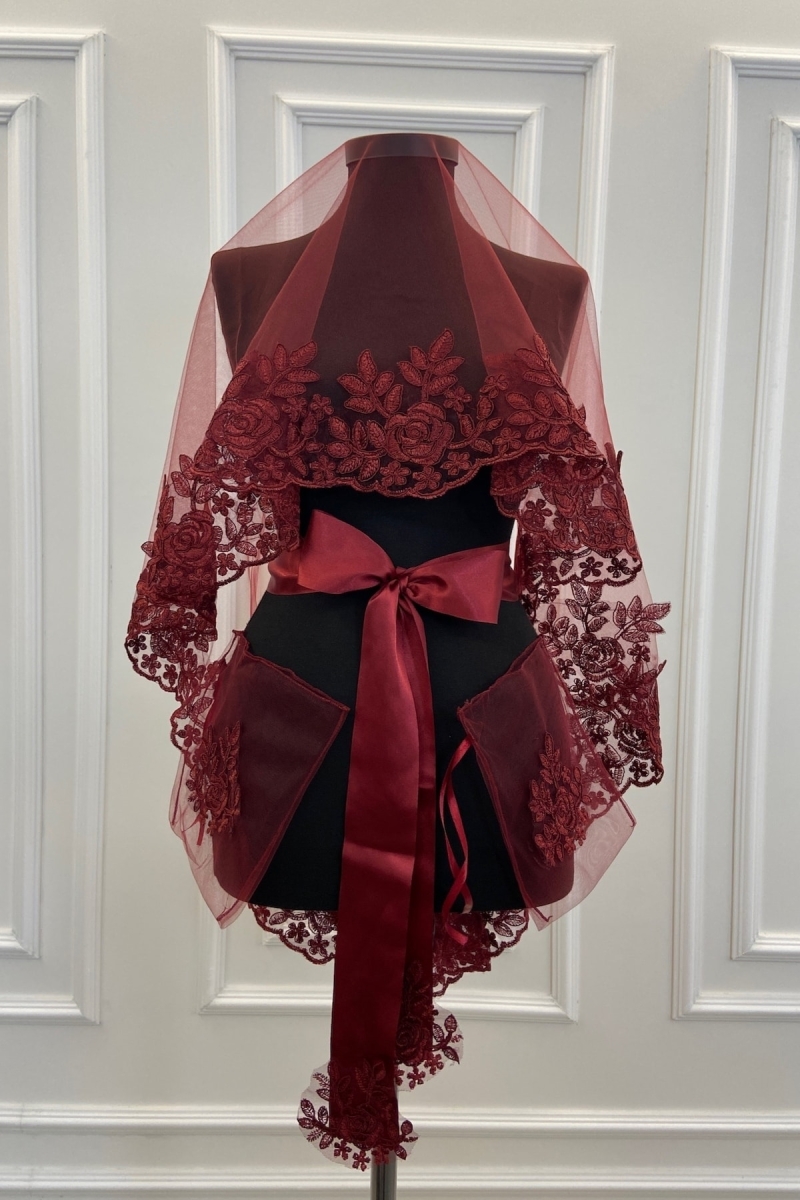 Bordo Gül Güpürlü Gelin Duvak Kuşak Eldiven Komple Set Kına Gecesi Düğün