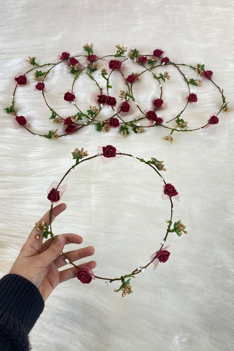 Bordo Güllü Yapraklı Nedime Taç, Gelin Kına Gecesi Düğün Bride Bekarlığa Veda Partisi Sünnet