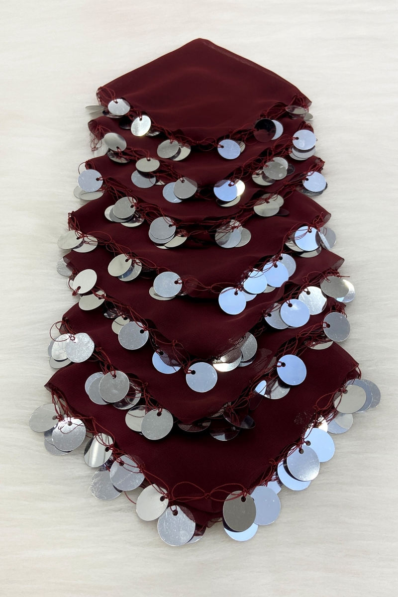 Bordo Gümüş Şifon Halay Mendili 5 Adet, Gelin Damat Düğün Kına Sünnet Nişan Bride