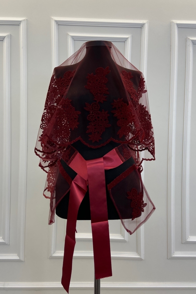 Bordo Güpür Desenli Flok Baskı Simli Gelin Duvak Kuşak Eldiven Set