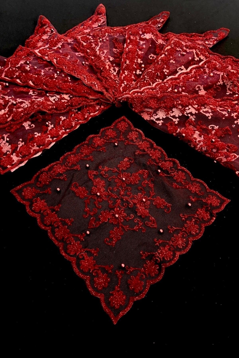 Bordo Halay Mendili, Gelin Mendili, Simli Incili Hediyelik Mendil 5 Adet