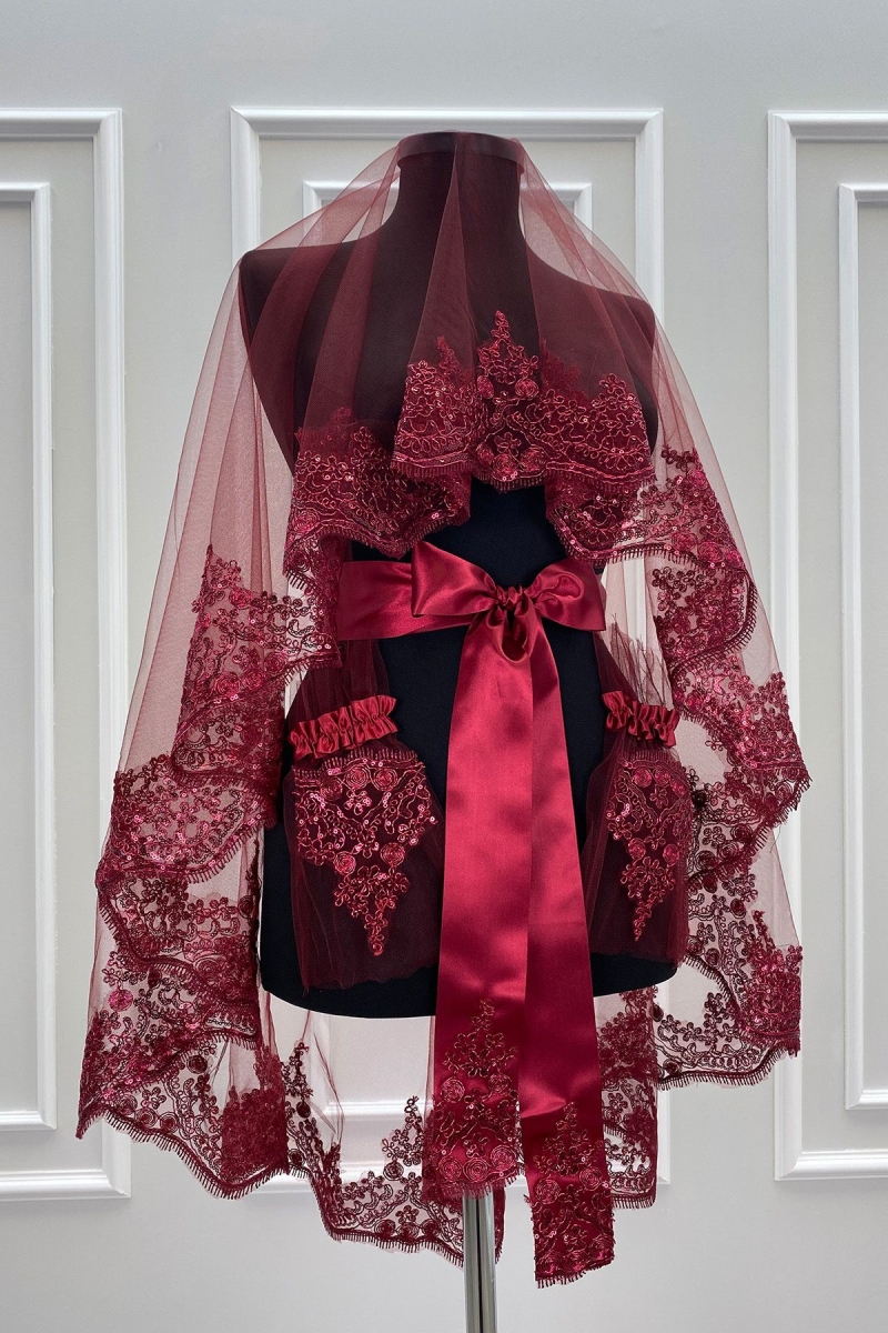Bordo Işıl Işıl Güpürlü Gelin Duvağı Seti Düğün Yüz Örtüsü Kına Gecesi Nikah Duvak Kuşak Eldiven