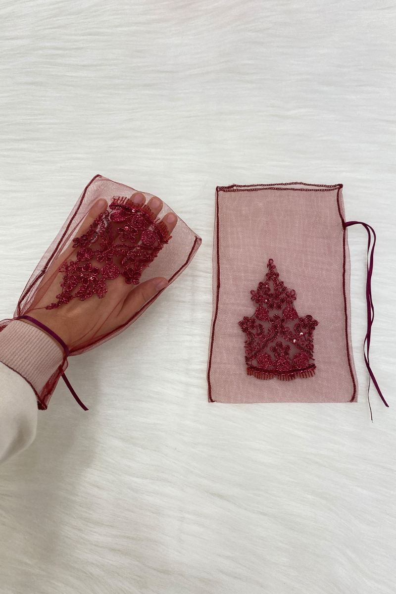 Bordo Işıl Işıl Güpürlü Gelin Eldiveni, Kına Eldiveni, Düğün Kına Gecesi Bekarlığa Veda Nikah Bride