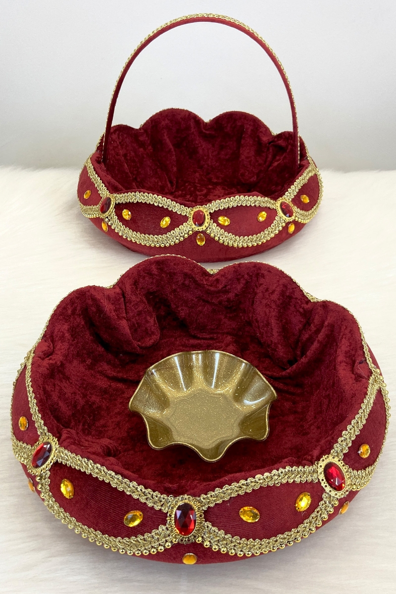 Bordo Kadife Parlak Taş Süslemeli Kına Gecesi Tepsi Sepet Gelin Takımı, Nişan, Nikah, Düğün, Söz