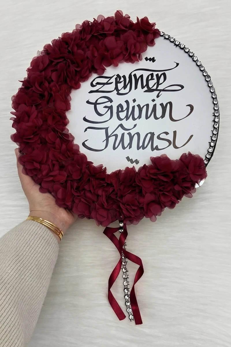 Bordo Kaligrafi Gelin Tefi 32cm, Parlak Taş Ve 3d Çiçek Süslemeli, Düğün Kına Sünnet Nedime Bride Parti Defi