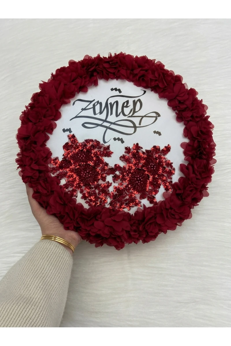Bordo Kaligrafi Gelin Tefi 32cm, Vip Güpürlü Ve 3d Çiçek Düğün Kına Sünnet Nedime Bride Parti Defi