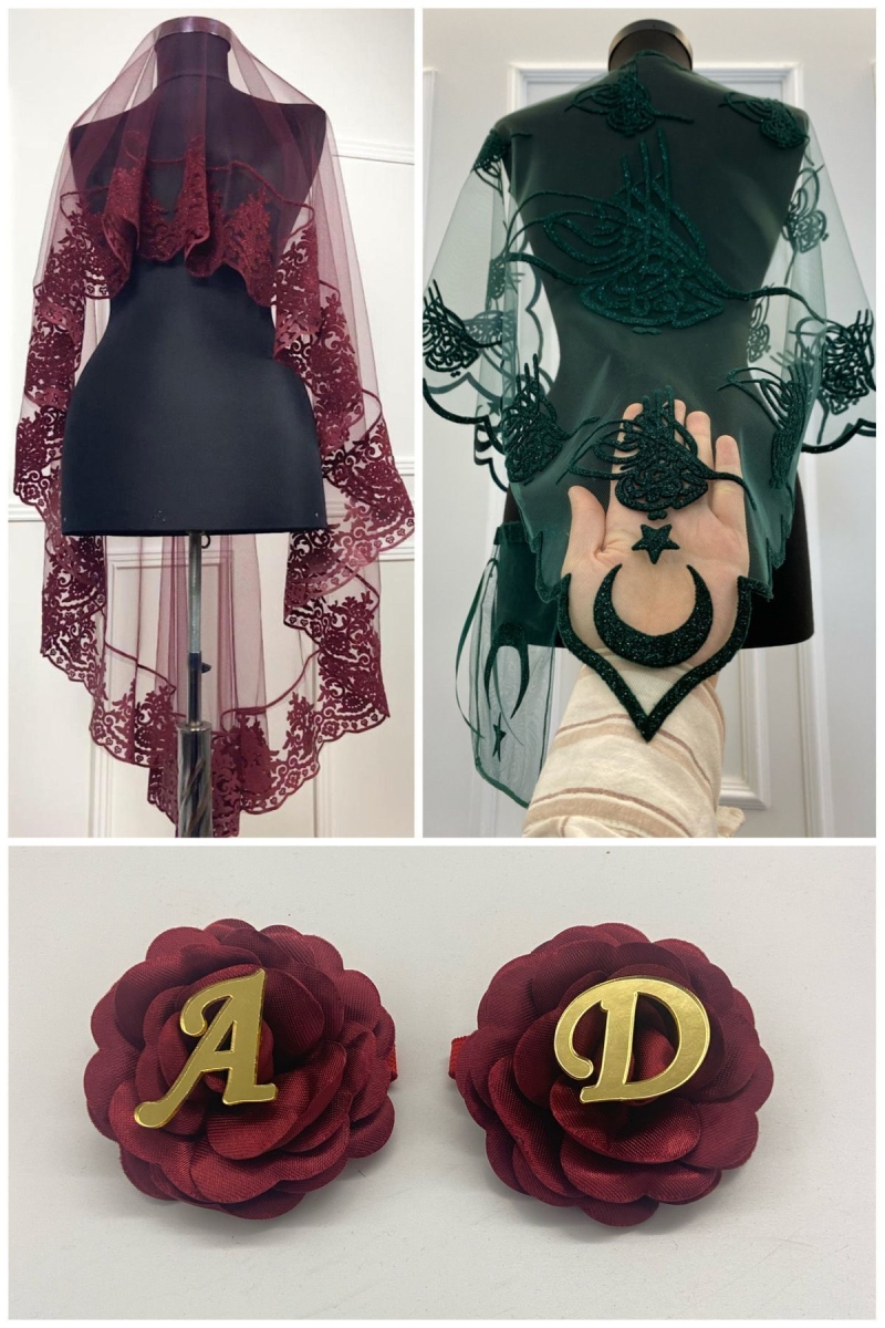 Bordo Kına Duvağı, Gelin Duvak Seti Damat Omuz Örtüsü Şalı El Gülü 8 Parça Takım