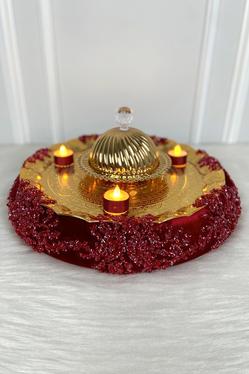 Bordo Kına Gecesi Gelin Tepsisi, Lüks İthal Kadife Cam Boncuk , Nişan Nikah Düğün Sünnet Söz