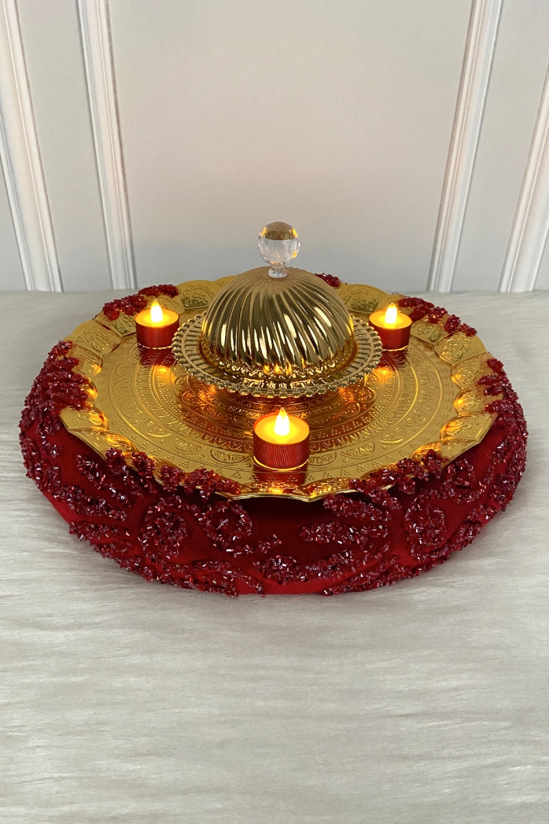 Bordo Kına Gecesi Gelin Tepsisi, Lüks İthal Kadife Cam Boncuk, Nişan Nikah Düğün Sünnet Söz