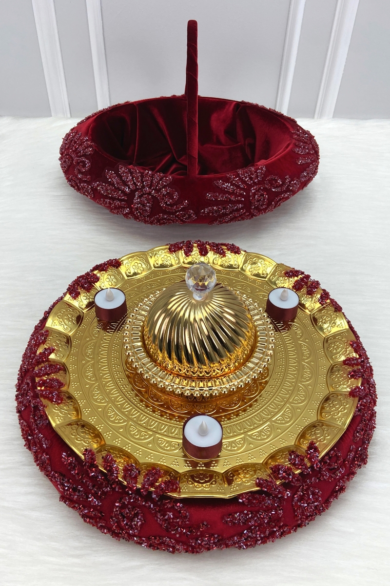 Bordo Kına Gecesi Tepsi Sepet Gelin Takımı, Lüks İthal Kadife Cam Boncuk, Nişan Nikah Düğün Sünnet