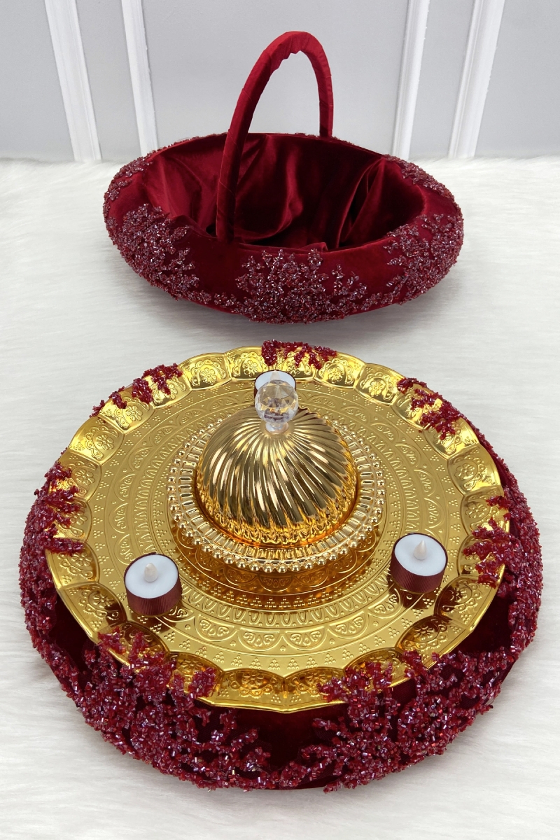 Bordo Kına Gecesi Tepsi Sepet Gelin Takımı, Lüks İthal Kadife Cam Boncuk, Nişan Nikah Düğün Sünnet