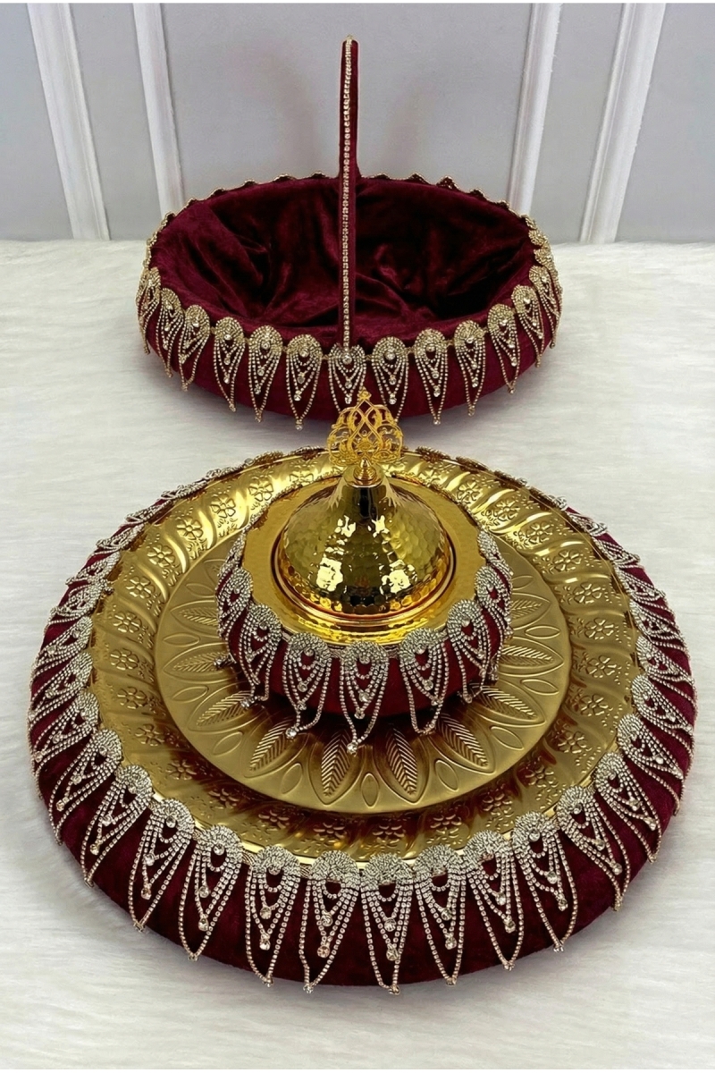 Bordo Kına Gecesi Tepsi Sepet Gelin Takımı, Lüks Kadife Parlak Taşlı, Nişan Nikah Düğün Sünnet